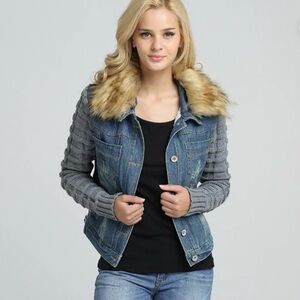 EDGE ONE Cropped Denim Fleece Lining Faux Fur Collar Jacket/Sweater